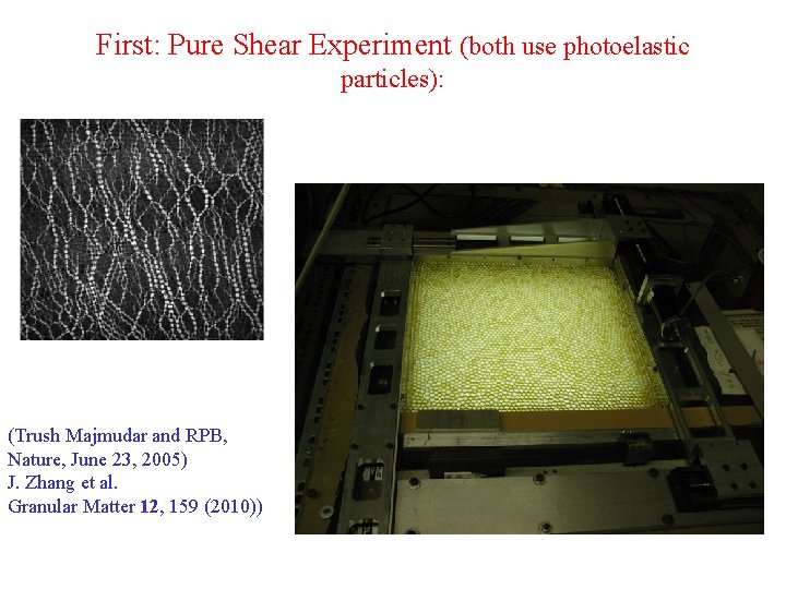First: Pure Shear Experiment (both use photoelastic particles): (Trush Majmudar and RPB, Nature, June