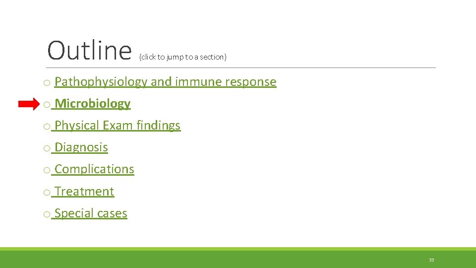Outline (click to jump to a section) o Pathophysiology and immune response o Microbiology Outline (click to jump to a section) o Pathophysiology and immune response o Microbiology