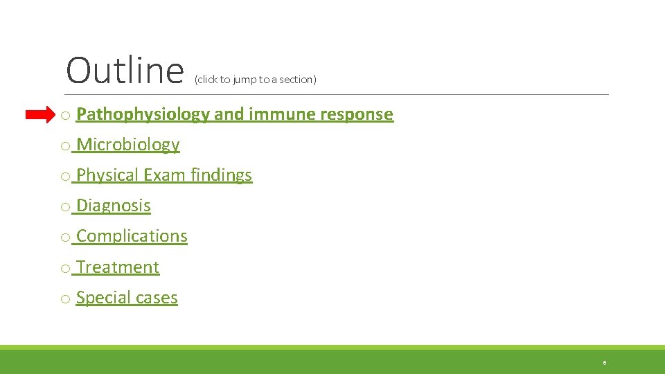 Outline (click to jump to a section) o Pathophysiology and immune response o Microbiology Outline (click to jump to a section) o Pathophysiology and immune response o Microbiology