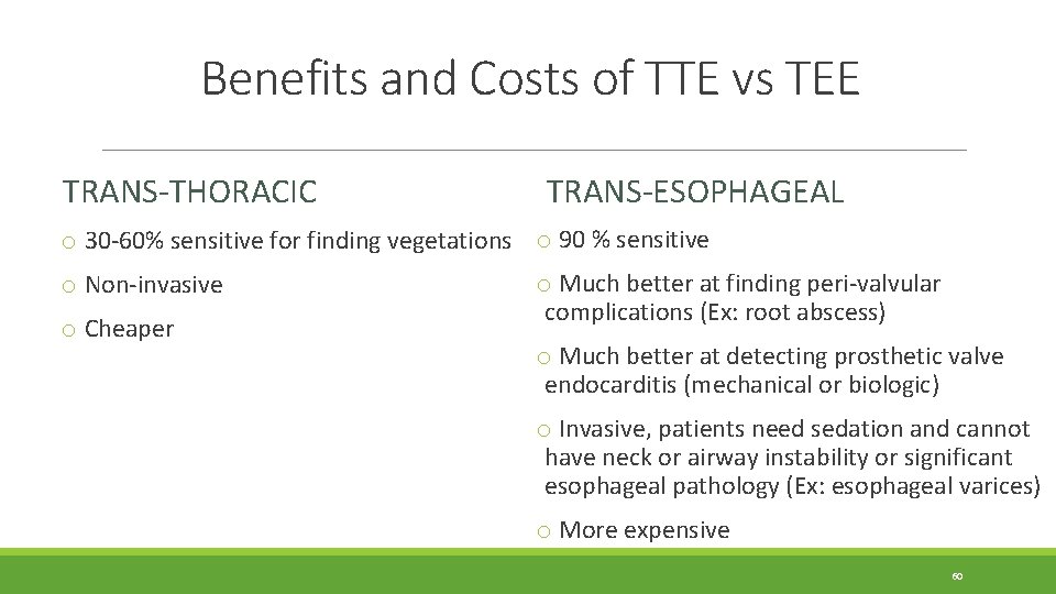 Benefits and Costs of TTE vs TEE TRANS-THORACIC TRANS-ESOPHAGEAL o 30 -60% sensitive for Benefits and Costs of TTE vs TEE TRANS-THORACIC TRANS-ESOPHAGEAL o 30 -60% sensitive for