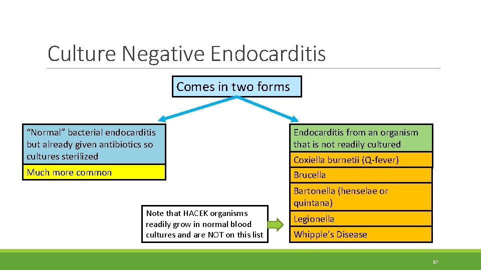 Culture Negative Endocarditis Comes in two forms “Normal” bacterial endocarditis but already given antibiotics Culture Negative Endocarditis Comes in two forms “Normal” bacterial endocarditis but already given antibiotics