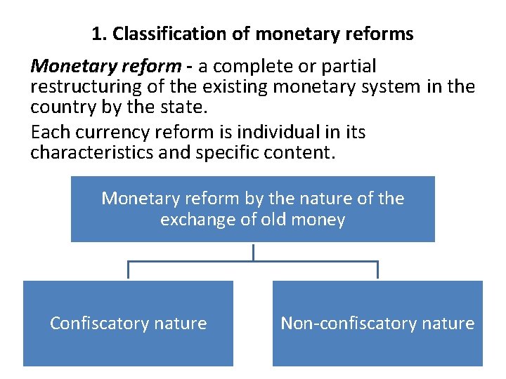 1. Classification of monetary reforms Monetary reform - a complete or partial restructuring of