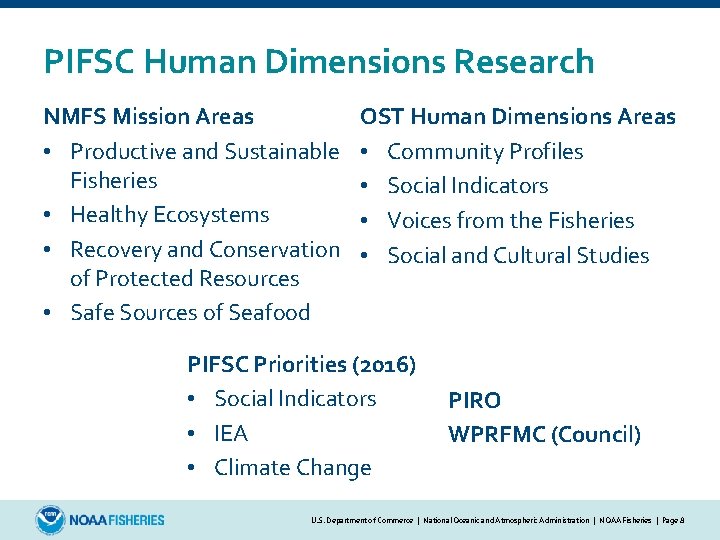 PIFSC Human Dimensions Research NMFS Mission Areas • Productive and Sustainable Fisheries • Healthy