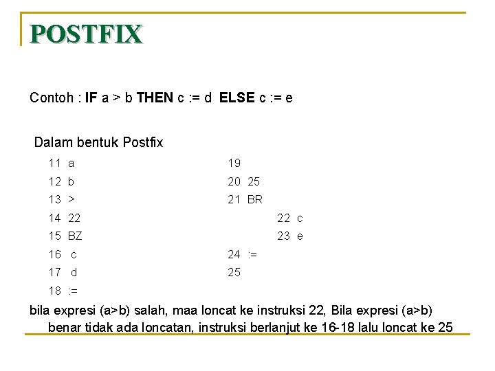 POSTFIX Contoh : IF a > b THEN c : = d ELSE c