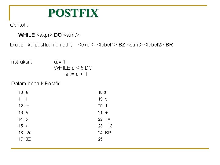 POSTFIX Contoh: WHILE <expr> DO <stmt> Diubah ke postfix menjadi ; Instruksi : <expr>