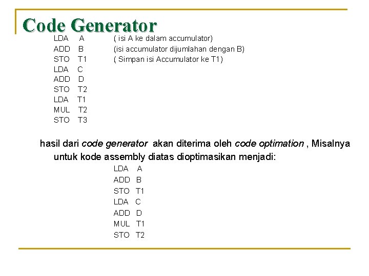 Code Generator LDA A ADD B STO T 1 LDA C ADD D STO