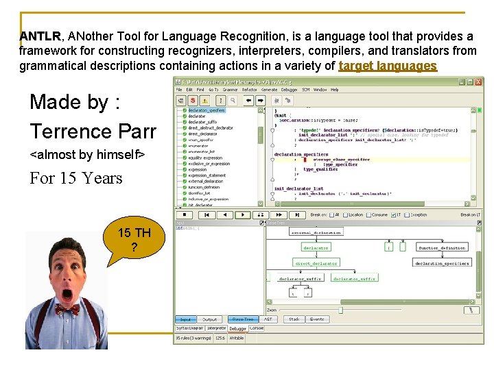 ANTLR, ANother Tool for Language Recognition, is a language tool that provides a framework