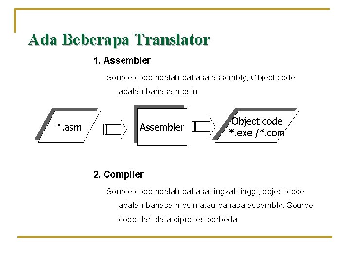 Ada Beberapa Translator 1. Assembler Source code adalah bahasa assembly, Object code adalah bahasa