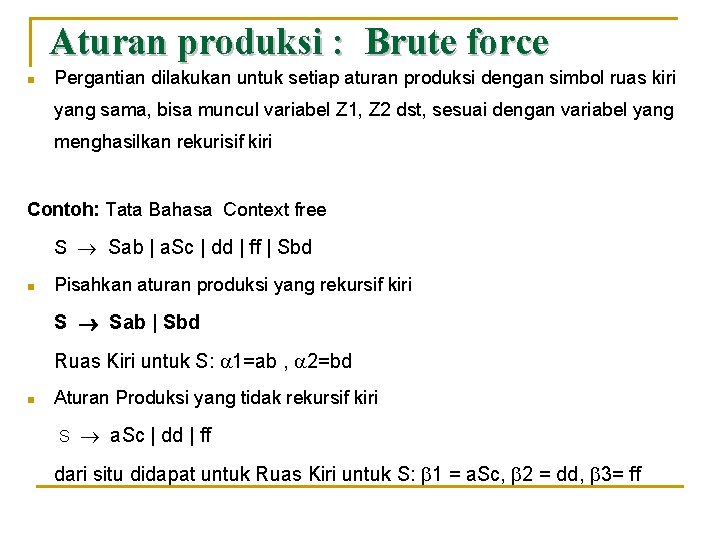 Aturan produksi : Brute force n Pergantian dilakukan untuk setiap aturan produksi dengan simbol