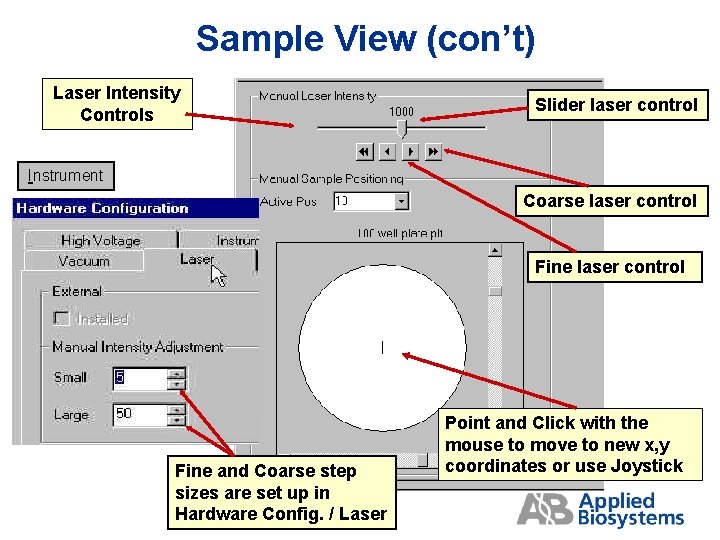 Sample View (con’t) Laser Intensity Controls Slider laser control Instrument Coarse laser control Fine