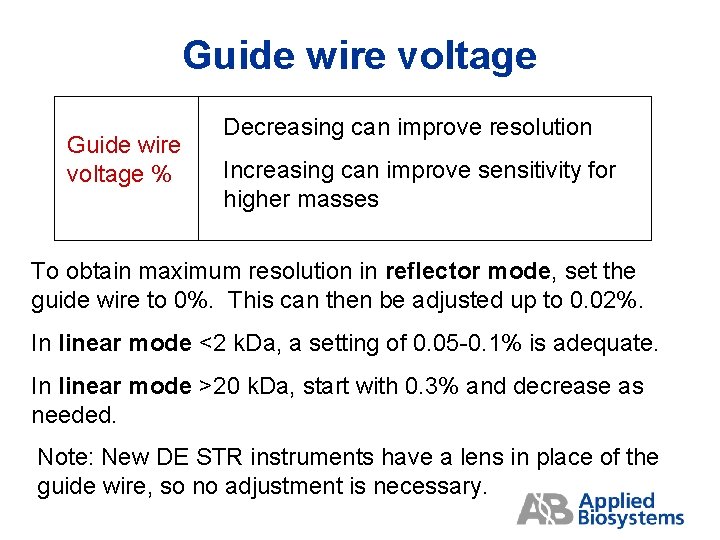 Guide wire voltage % Decreasing can improve resolution Increasing can improve sensitivity for higher