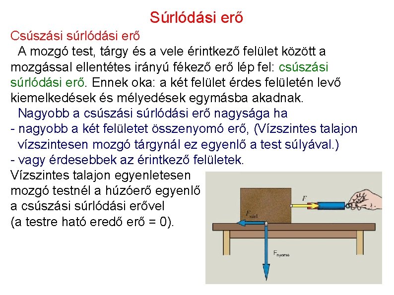 Súrlódási erő Csúszási súrlódási erő A mozgó test, tárgy és a vele érintkező felület