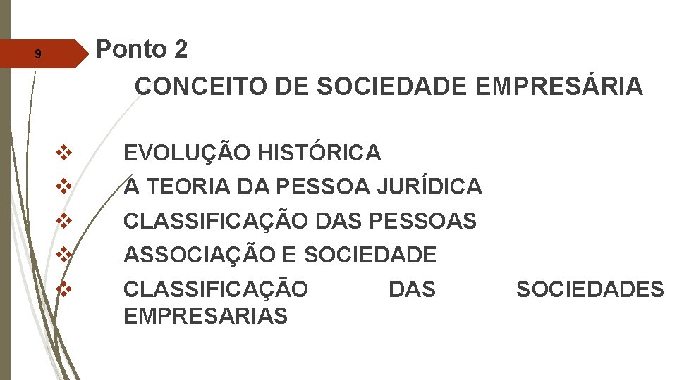 Ponto 2 CONCEITO DE SOCIEDADE EMPRESÁRIA 9 v v v EVOLUÇÃO HISTÓRICA A TEORIA