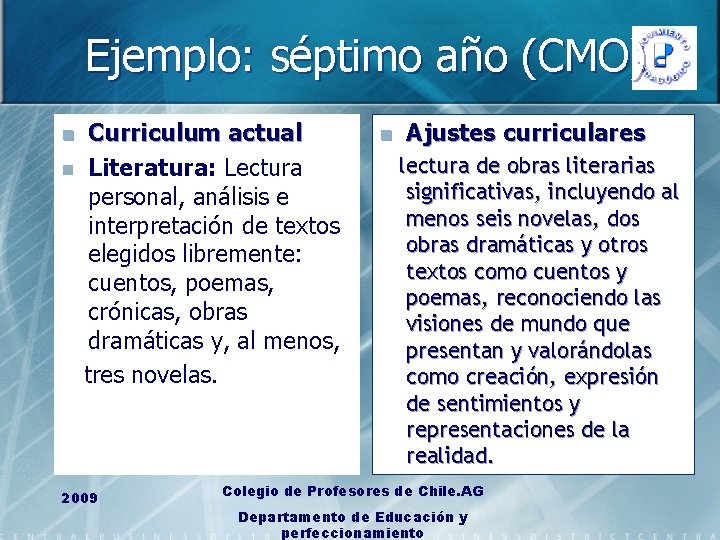 Ejemplo: séptimo año (CMO) n n Curriculum actual Literatura: Lectura personal, análisis e interpretación