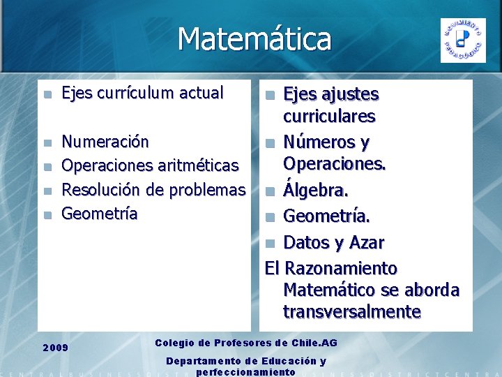 Matemática n Ejes currículum actual n Numeración Operaciones aritméticas Resolución de problemas Geometría n