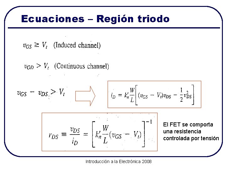 Ecuaciones – Región triodo El FET se comporta una resistencia controlada por tensión Introducción