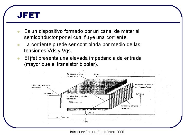 JFET l l l Es un dispositivo formado por un canal de material semiconductor