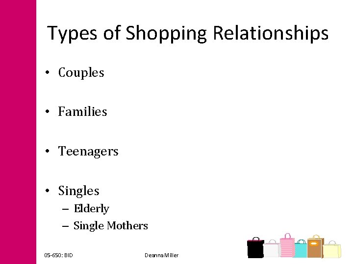 Types of Shopping Relationships • Couples • Families • Teenagers • Singles – Elderly