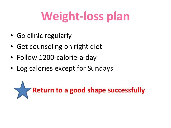 Weight-loss plan • • Go clinic regularly Get counseling on right diet Follow 1200