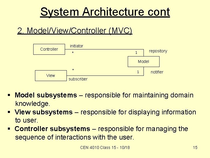 System Architecture cont 2. Model/View/Controller (MVC) Controller initiator repository 1 * Model * View