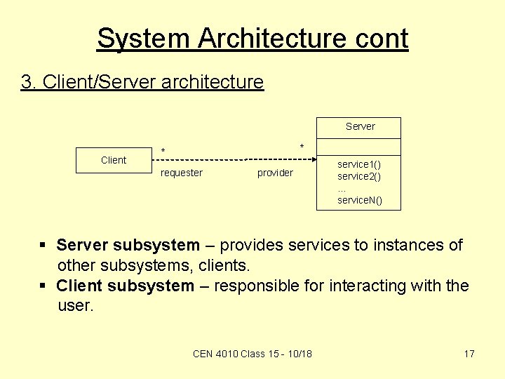 System Architecture cont 3. Client/Server architecture Server Client * * requester provider service 1()