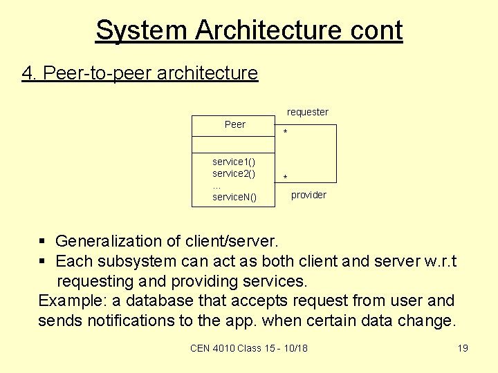 System Architecture cont 4. Peer-to-peer architecture requester Peer service 1() service 2() … service.