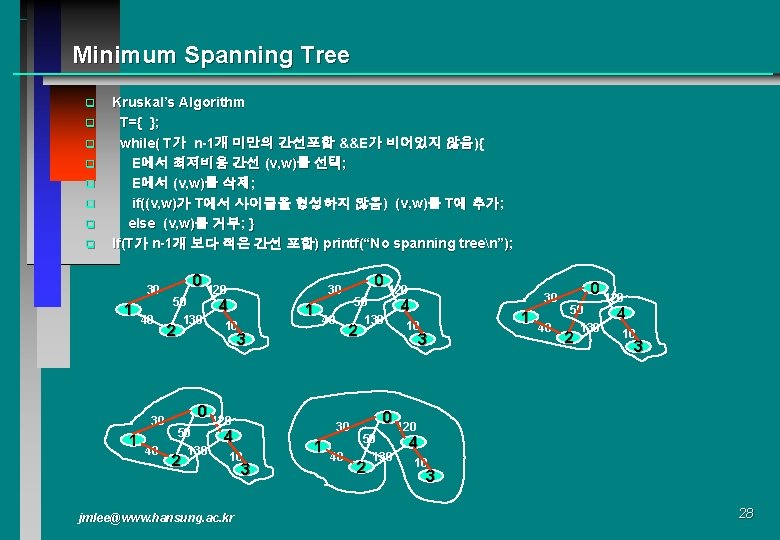 Minimum Spanning Tree q q q q Kruskal’s Algorithm T={ }; while( T가 n-1개