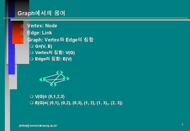 Graph에서의 용어 q q q Vertex: Node Edge: Link Graph: Vertex와 Edge의 집합 m