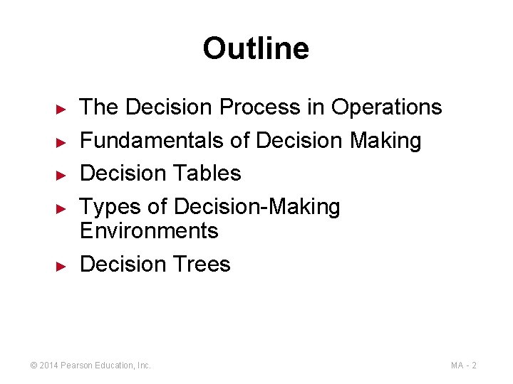 Outline ► ► ► The Decision Process in Operations Fundamentals of Decision Making Decision