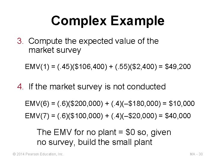 Complex Example 3. Compute the expected value of the market survey EMV(1) = (.