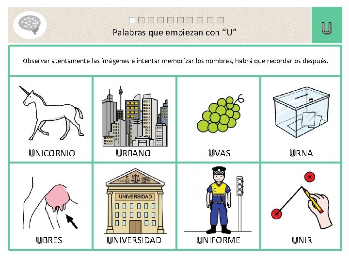 U Palabras que empiezan con “U” Observar atentamente las imágenes e intentar memorizar los