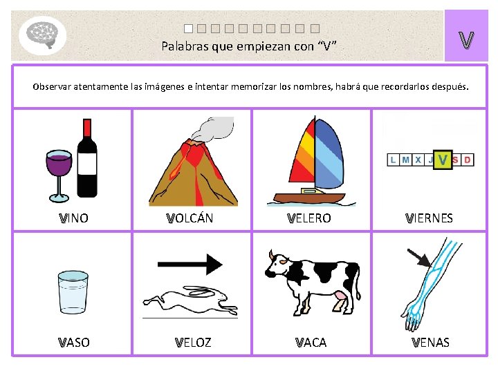 V Palabras que empiezan con “V” Observar atentamente las imágenes e intentar memorizar los