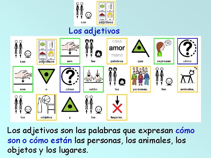 Los adjetivos son las palabras que expresan cómo son o cómo están las personas, Los adjetivos son las palabras que expresan cómo son o cómo están las personas,