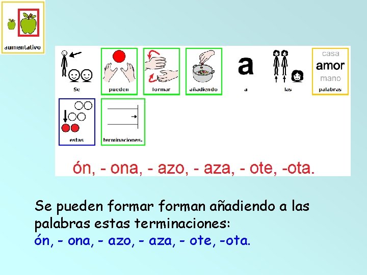 Se pueden formar forman añadiendo a las palabras estas terminaciones: ón, - ona, - Se pueden formar forman añadiendo a las palabras estas terminaciones: ón, - ona, -