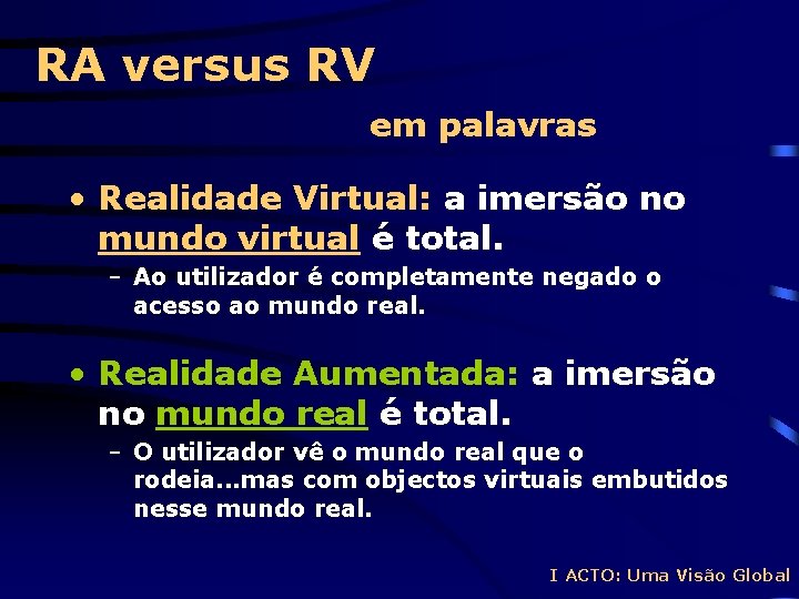 RA versus RV em palavras • Realidade Virtual: a imersão no mundo virtual é