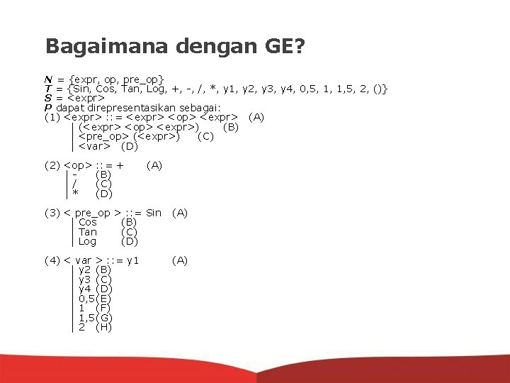 Bagaimana dengan GE? N = {expr, op, pre_op} T = {Sin, Cos, Tan, Log,