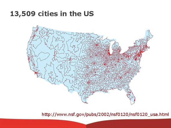 13, 509 cities in the US http: //www. nsf. gov/pubs/2002/nsf 0120_usa. html 