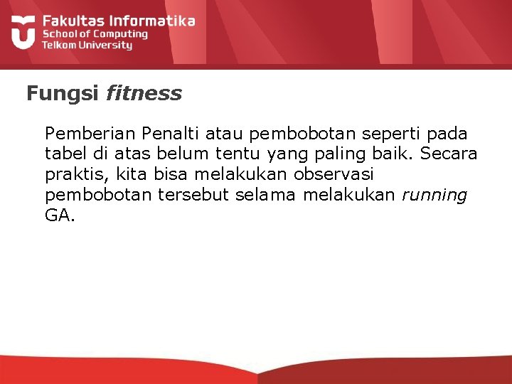 Fungsi fitness Pemberian Penalti atau pembobotan seperti pada tabel di atas belum tentu yang