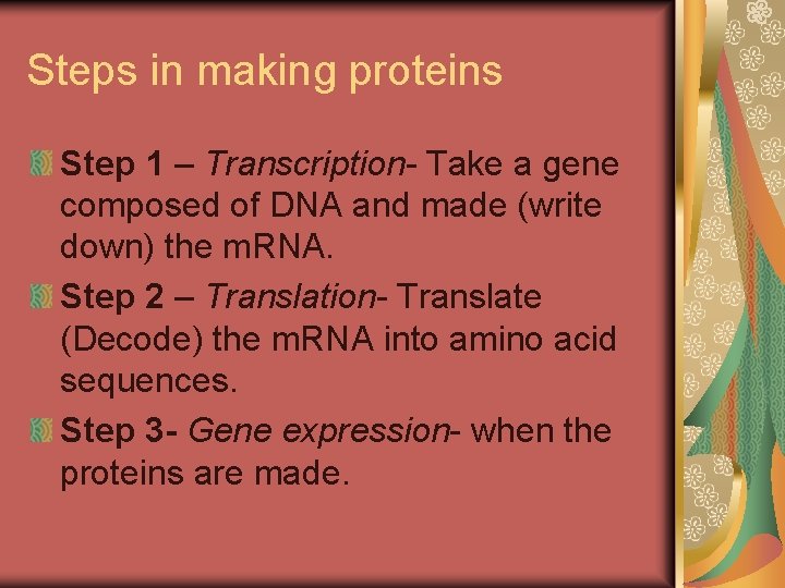 Steps in making proteins Step 1 – Transcription- Take a gene composed of DNA Steps in making proteins Step 1 – Transcription- Take a gene composed of DNA