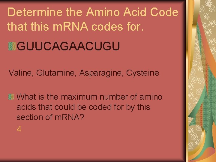 Determine the Amino Acid Code that this m. RNA codes for. GUUCAGAACUGU Valine, Glutamine, Determine the Amino Acid Code that this m. RNA codes for. GUUCAGAACUGU Valine, Glutamine,