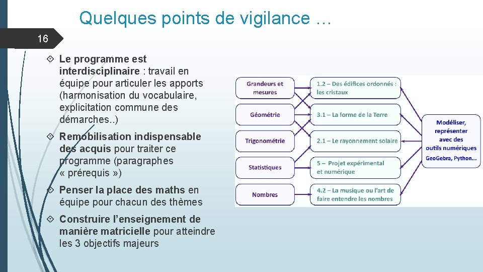 Quelques points de vigilance … 16 Le programme est interdisciplinaire : travail en équipe