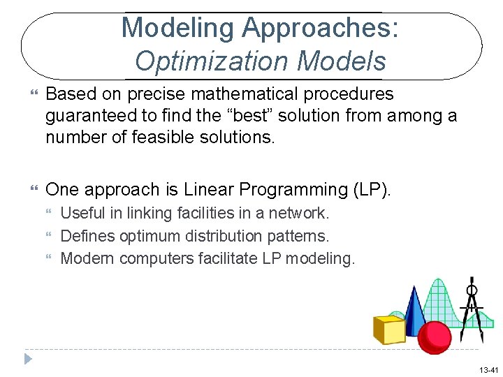 Modeling Approaches: Optimization Models Based on precise mathematical procedures guaranteed to find the “best”