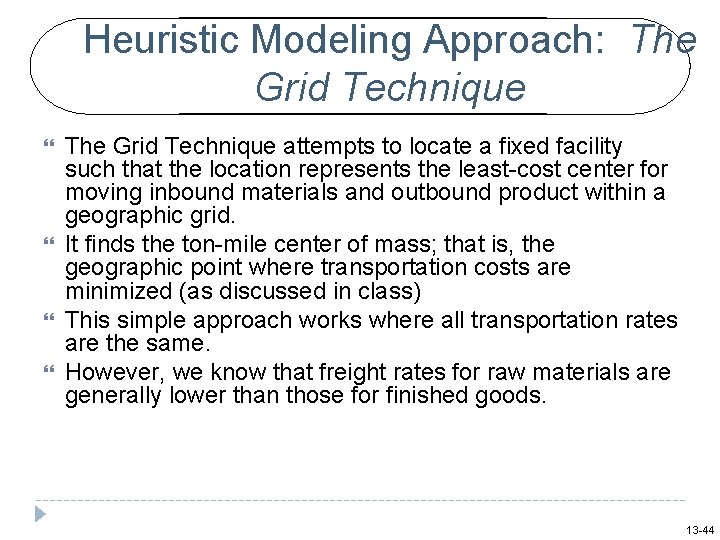 Heuristic Modeling Approach: The Grid Technique attempts to locate a fixed facility such that