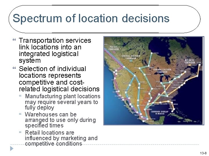 Spectrum of location decisions Transportation services link locations into an integrated logistical system Selection