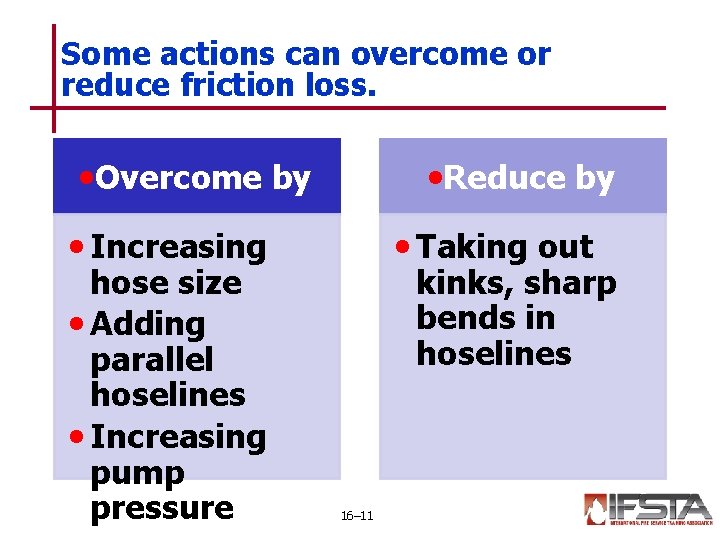 Some actions can overcome or reduce friction loss. • Overcome by • Reduce by