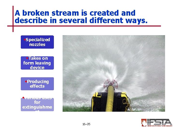A broken stream is created and describe in several different ways. • Specialized nozzles