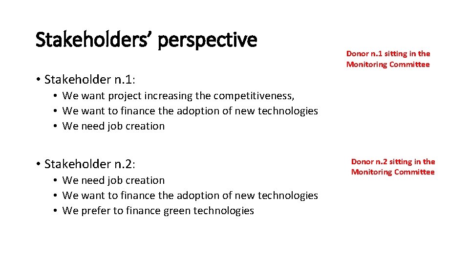 Stakeholders’ perspective Donor n. 1 sitting in the Monitoring Committee • Stakeholder n. 1: