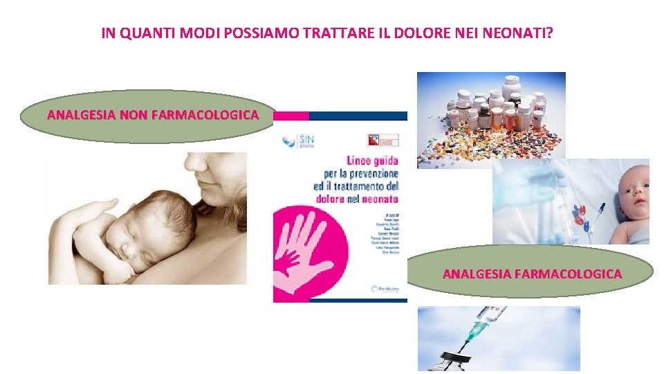 IN QUANTI MODI POSSIAMO TRATTARE IL DOLORE NEI NEONATI? ANALGESIA NON FARMACOLOGICA ANALGESIA FARMACOLOGICA