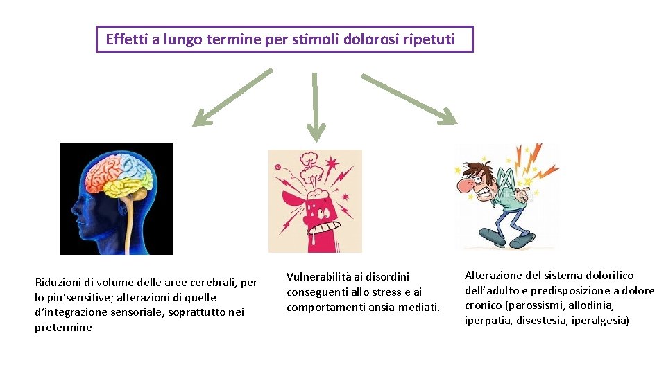 Effetti a lungo termine per stimoli dolorosi ripetuti Riduzioni di volume delle aree cerebrali,