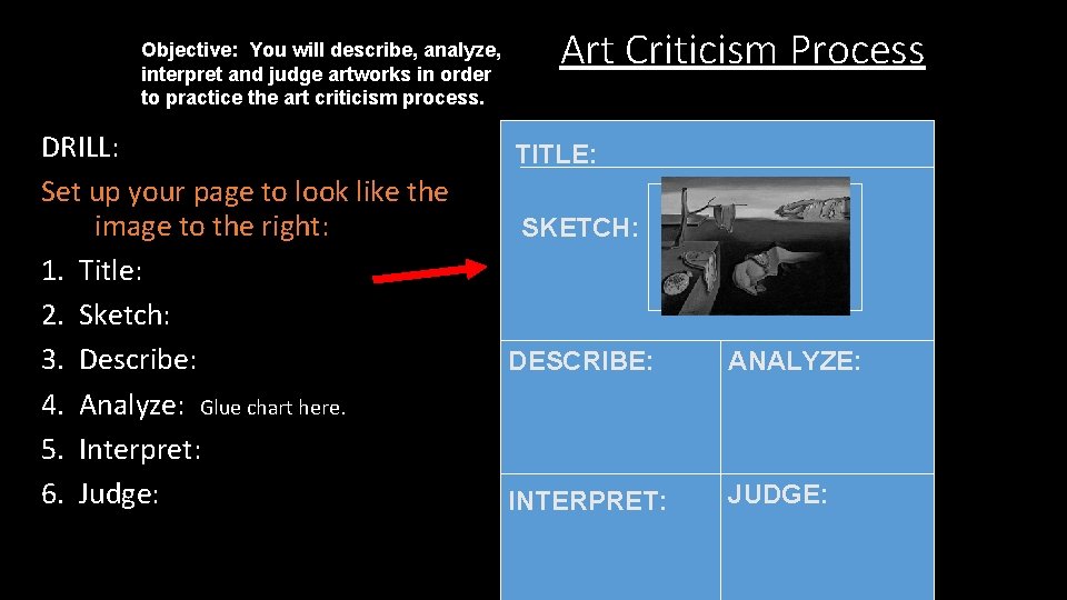 Objective: You will describe, analyze, interpret and judge artworks in order to practice the